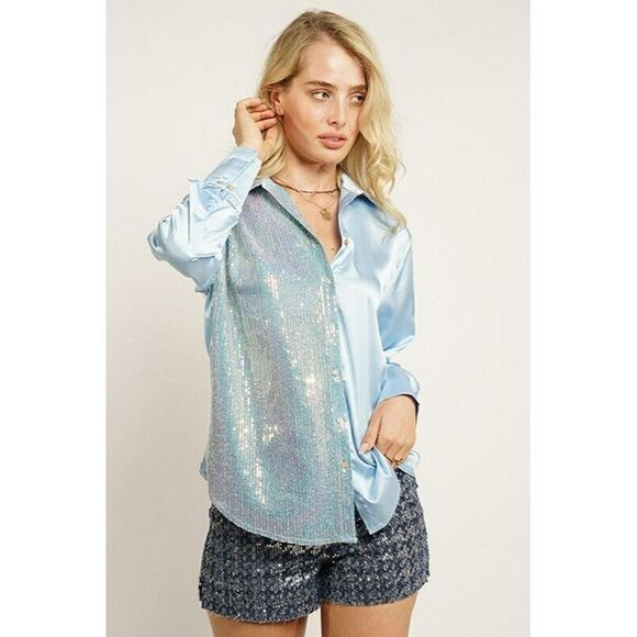 GeeGee Clothing Satin Sequin Button Up Mix Top Shirt in Chambray New S-L ST2310 - Picture 2 of 5
